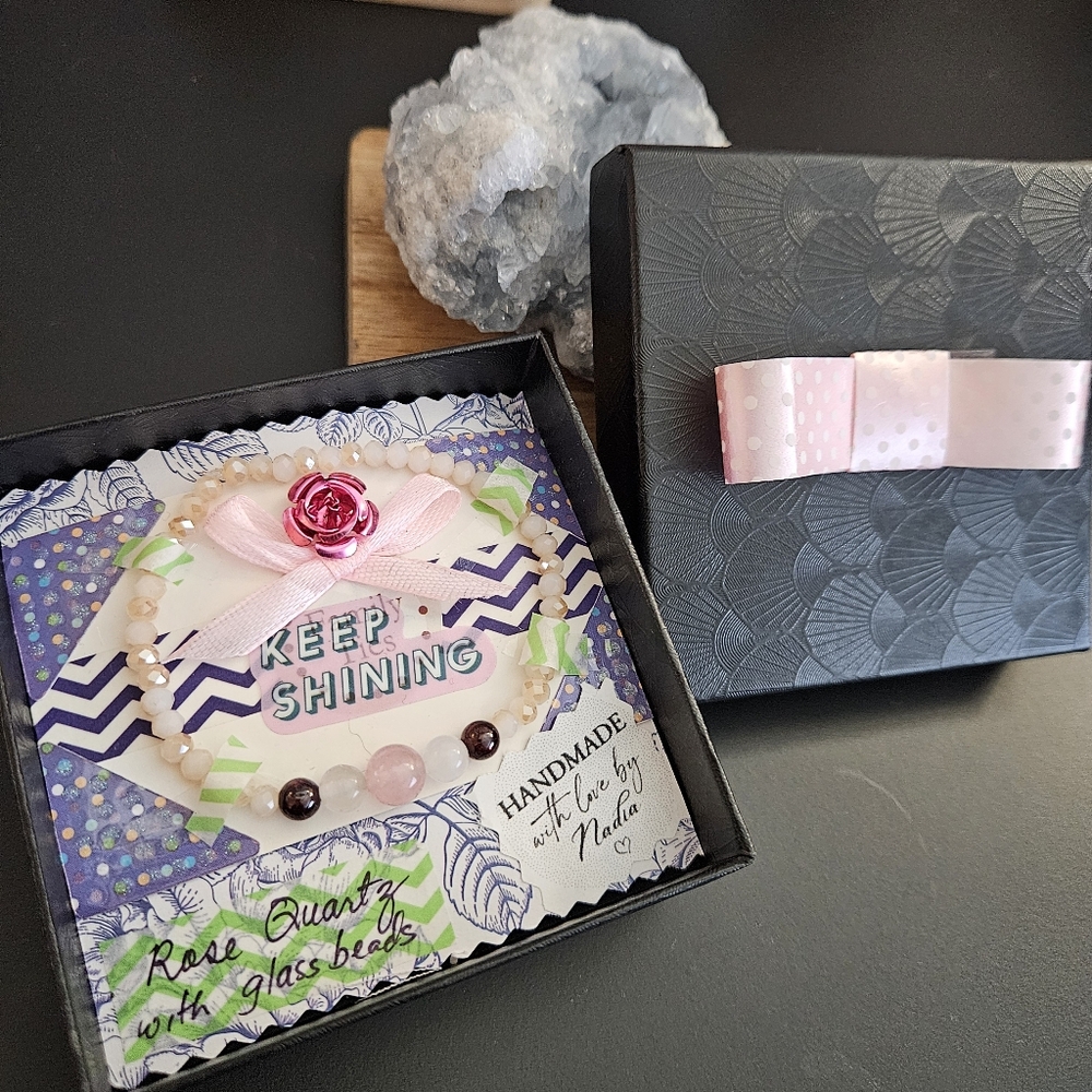 Handmade Rose Quartz stretch Bracelet OOAK Scrapbook Styls Gift Box KEEP SHINING